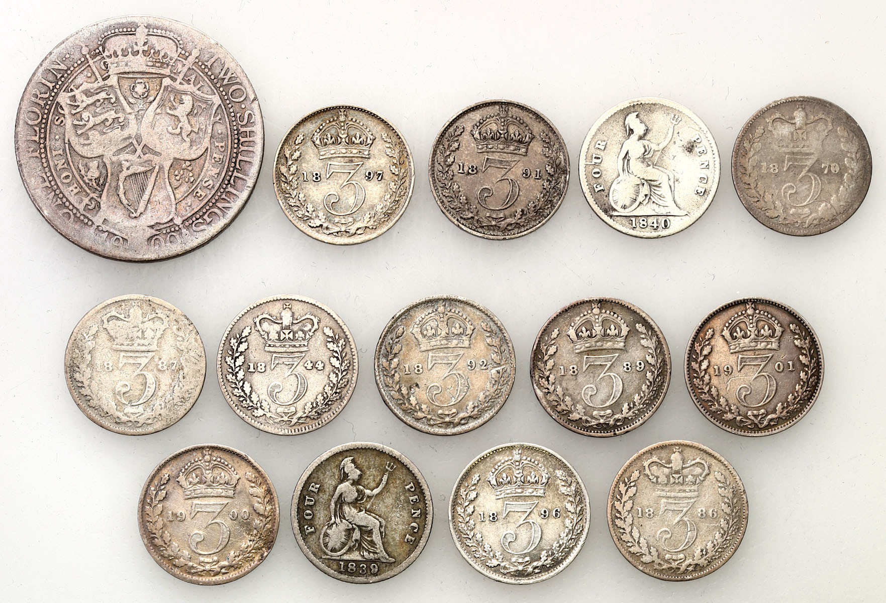Wielka Brytania. 3, 4 pence 1839-1901, 2 shillings 1900, zestaw 14 monet